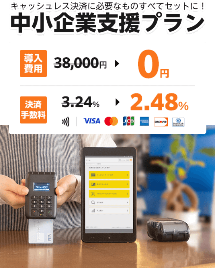 中小企業支援プラン/キャッシュレス決済に必要なものすべてセットに！/導入費用38,000円から0円/決済手数料3.24%から2.48%